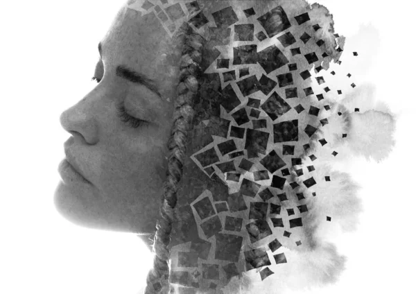 Paintography. A portrait of a young woman combined with flying squares. — 图库照片