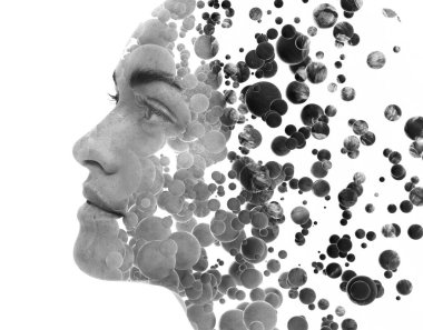 A portrait of a European woman combined with floating 3D spheres.