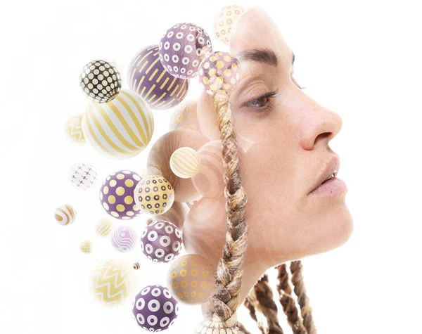 A portrait of a woman combined with multiple flowing 3D spheres. — Foto Stock