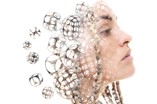 A profile portrait of a woman combined with multiple holey 3D spheres. — Fotografia de Stock