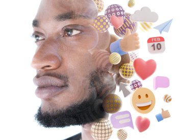 A portrait of a man combined with 3D figures in a double exposure technique. clipart
