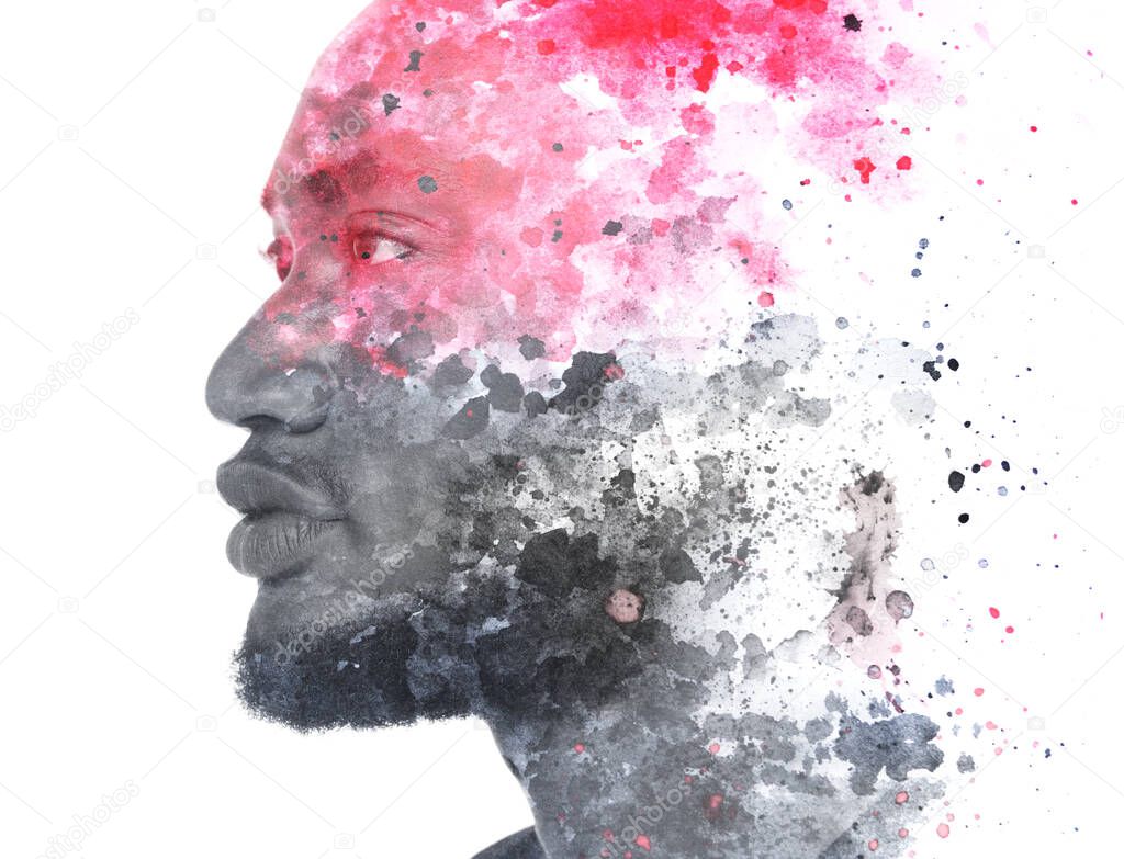 Paintography. A portrait of a man combined with ink splashes.