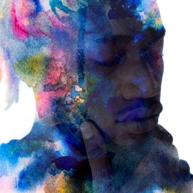 Renkli suluboya resim ile birleştirilmiş bir adamın portresi. Resim..