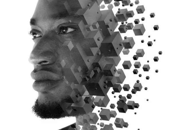 Um retrato de um homem combinado com gráficos 3D em uma técnica de dupla exposição. — Fotografia de Stock
