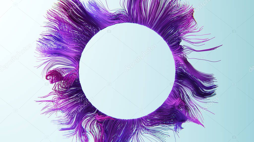 Countless wavy violet threads form a round frame. 3D illustration.