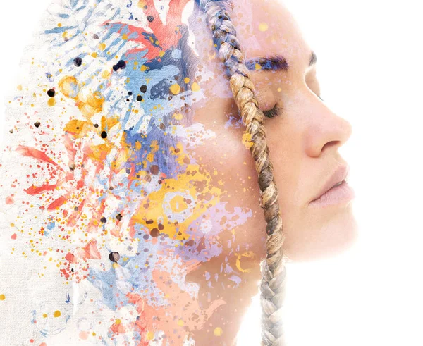 A portrait of a woman combined with digital graphics. Double exposure technique. — Stock Photo, Image