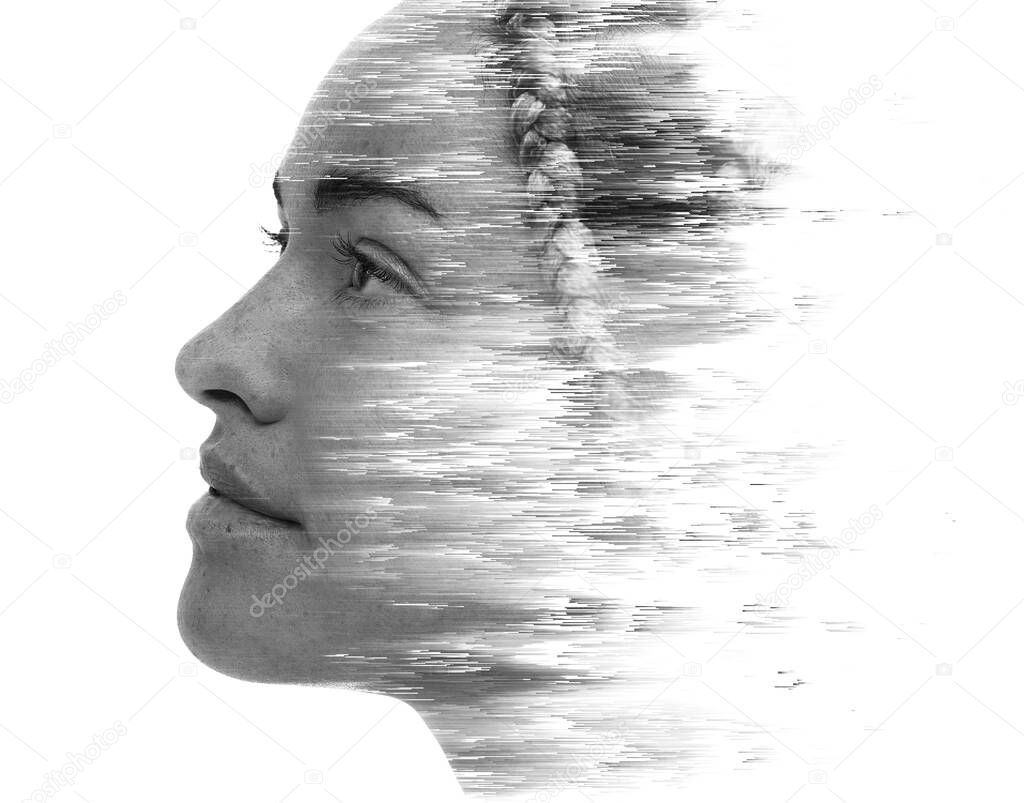 A profile portrait of a woman with visual distortion. Double exposure.