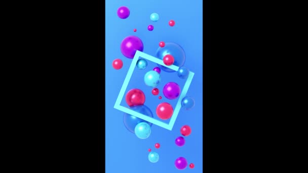 Animación 3D de globos brillantes flotando alrededor de un rectángulo azul. — Vídeo de stock