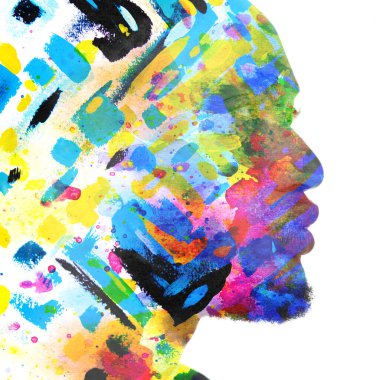 Paintografi. Renkli suluboya ile birleştirilmiş bir adamın portresi..