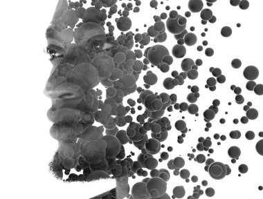 Yüzen üç boyutlu kürelerle birleştirilmiş Afro-Amerikan bir adamın portresi..