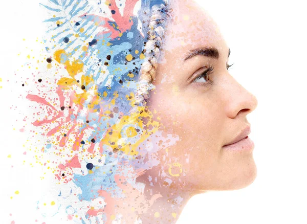 A portrait of a woman combined with digital art in a double exposure technique. — Stock Photo, Image