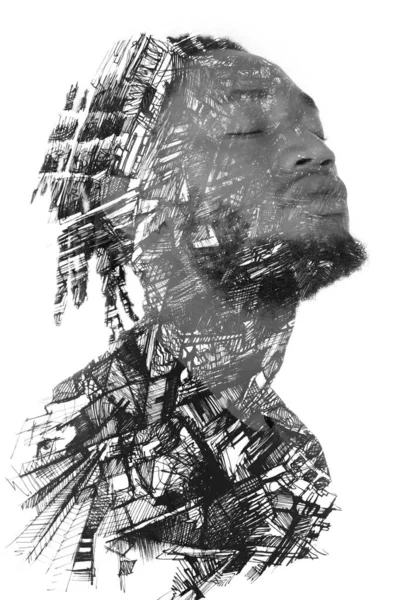 A portrait of a man combined with various abstract lines. Paintography. — Stock Photo, Image