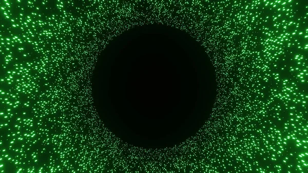 Centinaia di particelle di polvere verde incandescente che formano una cornice rotonda vuota — Foto Stock