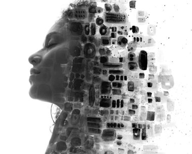 Paintografi. Bir kadının portresiyle birleştirilmiş soyut el çizimi deseni.