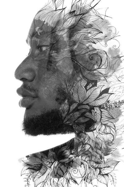 Portrét muže v kombinaci s inkoustem na listí. Malířství. — Stock fotografie