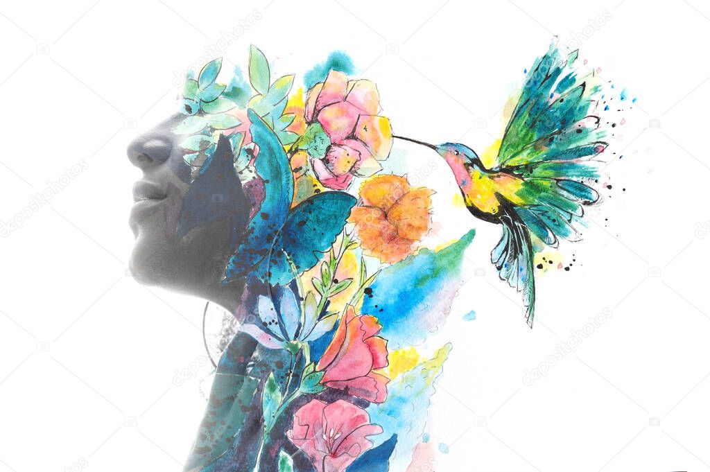 Paintography. A portrait of a woman combined with a painting of a hummingbird