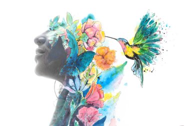 Paintografi. Bir sinekkuşu resmiyle birleştirilmiş bir kadın portresi