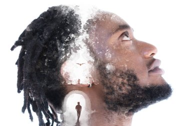 Paintografi. Genç Afrikalı adam düşüncelerinde kaybolmuş.