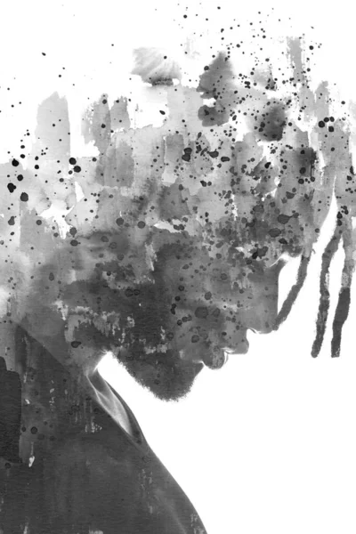 Paintography. A profile portrait of a man combined with various ink splashes. — Stock Photo, Image