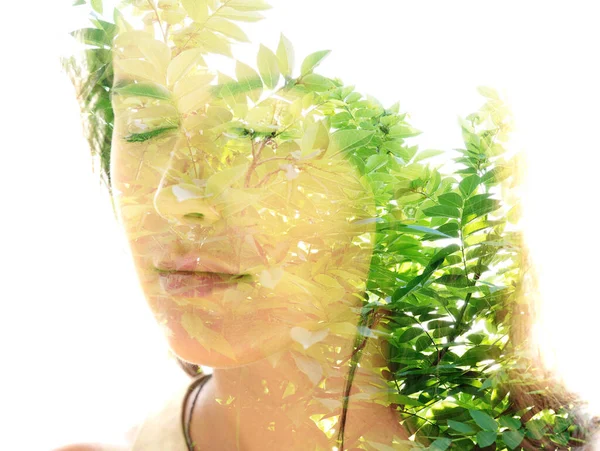 Peace and serenity. Double exposure portrait of a beautiful woman — Stock Photo, Image