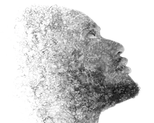 Malerei. Porträt eines schwarzen Mannes kombiniert mit einem Tuschebild — Stockfoto