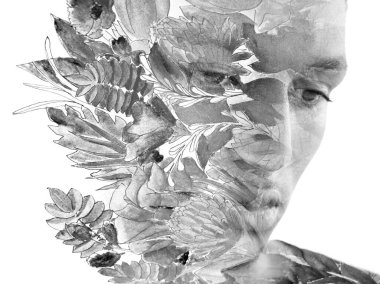 Paintografi. Doğa resmiyle birleştirilmiş bir adamın sanatsal portresi.