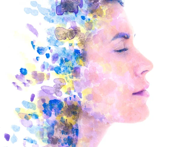 Paintography. Abstract colorful watercolor painting combined with a portrait — Stock Photo, Image