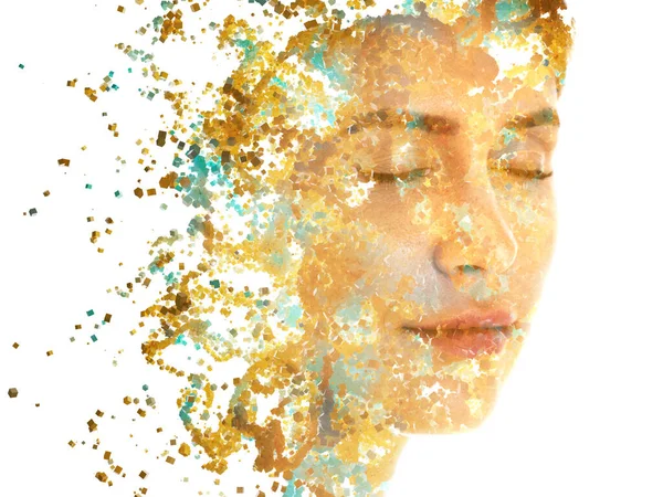 A portrait of young woman combined with digital graphics of countless particles — Stock Photo, Image