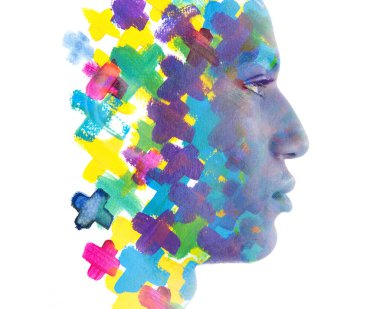 Paintografi. Özgüvenli bir adamın portresiyle birleştirilmiş soyut bir tablo.