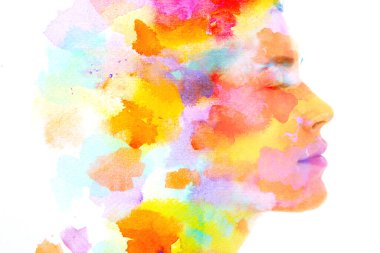 Paintografi. Renkli suluboya bir kadın portresiyle birleştirilmiş.