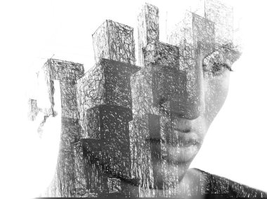 Paintography. A portrait of a young man combined with a drawing of skyscrapers