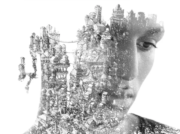 Paintography. Detailed painting of a city combined with a portrait of a man — Foto Stock