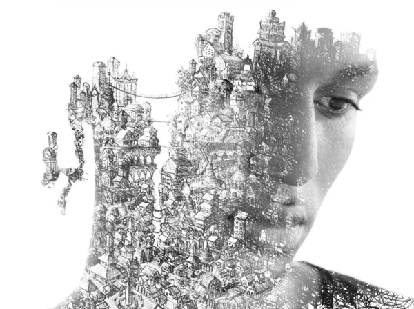 Paintography. Detailed painting of a city combined with a portrait of a man — Stockfoto