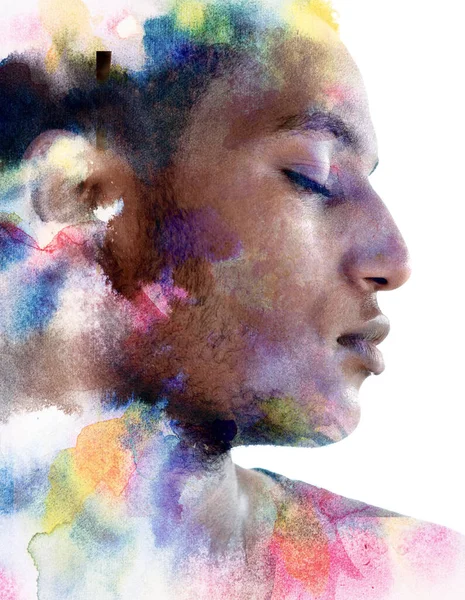 A paintography portrait mixed with a colorful abstract painting — 图库照片