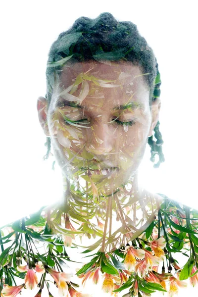 Contemplative state. Double exposure portrait of a young man — 스톡 사진