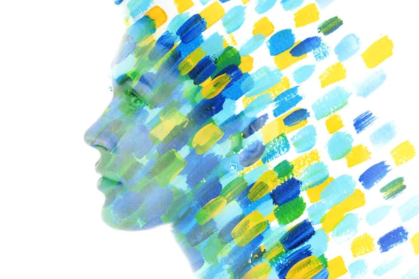 Paintography. Blue and yellow abstract painting mixed with a portrait of a woman — Stock Photo, Image