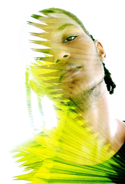 Uma Imagem Uma Folha Palmeira Misturada Com Retrato Homem Negro — Fotografia de Stock