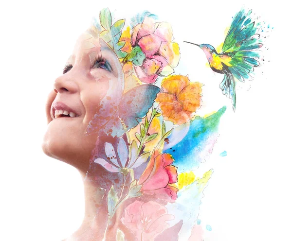 Måleri Porträtt Pojke Blandat Med Målning Blommor Och Kolibri — Stockfoto