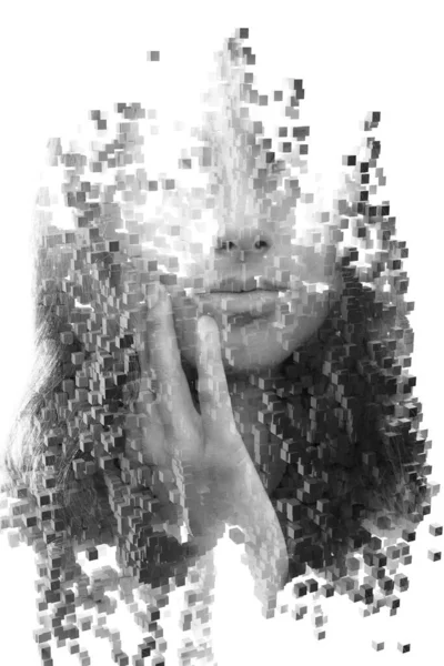 Ett Flöde Partiklar Kombination Med Ett Porträtt Ung Kvinna — Stockfoto