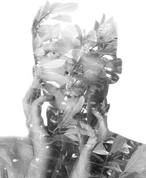 Double Exposure Portrait Black White — Stock Photo, Image