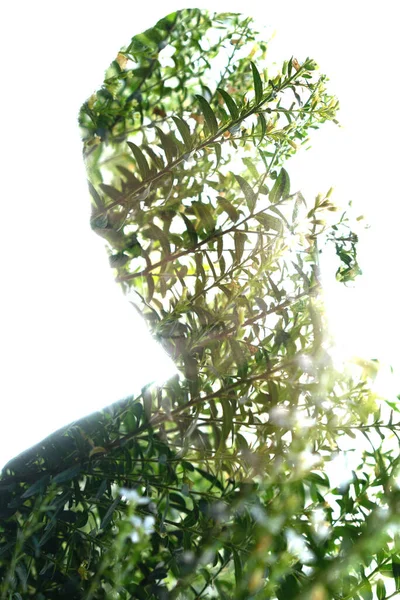 Retrato Jovem Folhas Vibrantes Combinados Uma Técnica Dupla Exposição — Fotografia de Stock