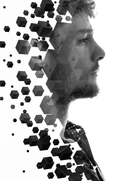 システム思考 若い男の二重露光肖像画 — ストック写真