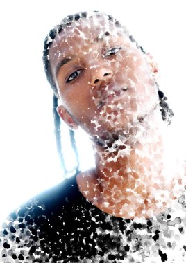 Paintografi. Elle boyanmış desenler siyah bir adamın portresiyle birleşmiş.