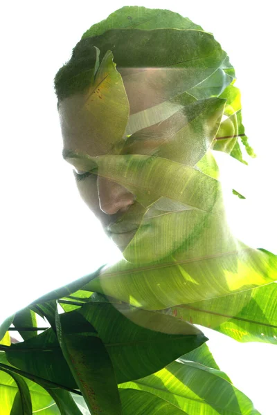 Double Exposure Portrait Man Immersed His Thoughts — Stockfoto