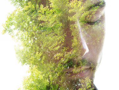 Young man with his eyes closed. Double exposure portrait