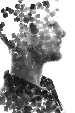 Dijital grafikler ve bir portre birleştiriliyor