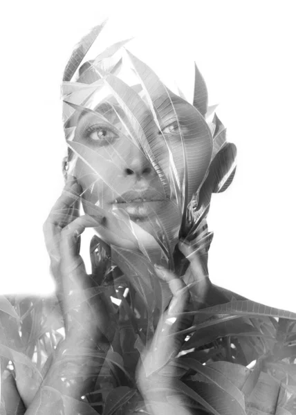 Double Exposure Portrait Combining Portrait Beautiful Woman Nature — Foto Stock