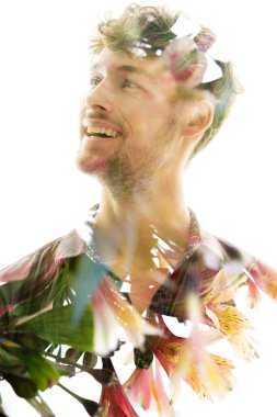 Double exposure against a white background