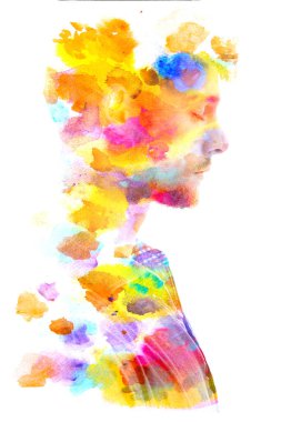 Paintografi. Renkli suluboya resim ve bir adamın portresi.