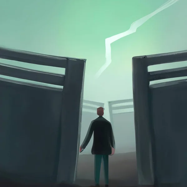 Illustration Mans Figure Standing Alone Doors Watching Lighting Strike Sky — Stockfoto